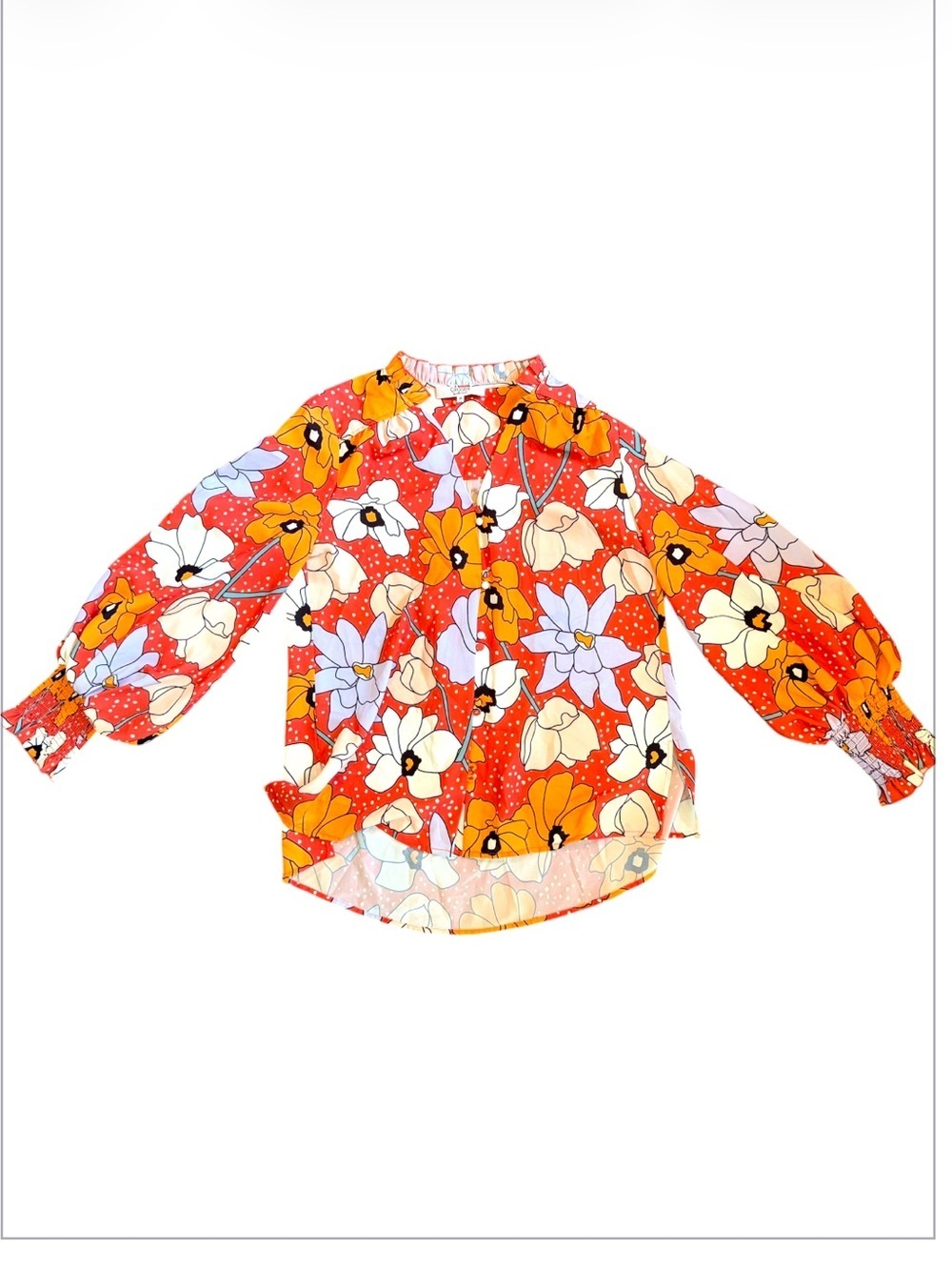 Crosby by Mollie Burch Dopamine Floral Button Front Blouse Balloon Long Sleeves - Picture 3 of 13